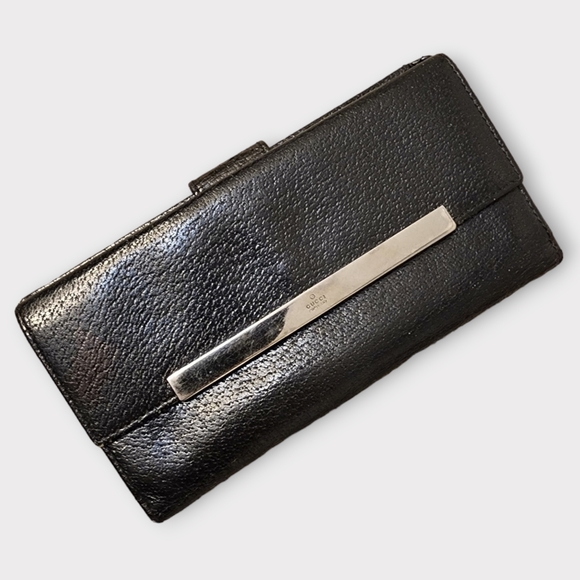 Gucci Handbags - GUCCI Black Pebble Leather Long Wallet w/Logo Plate, Vintage